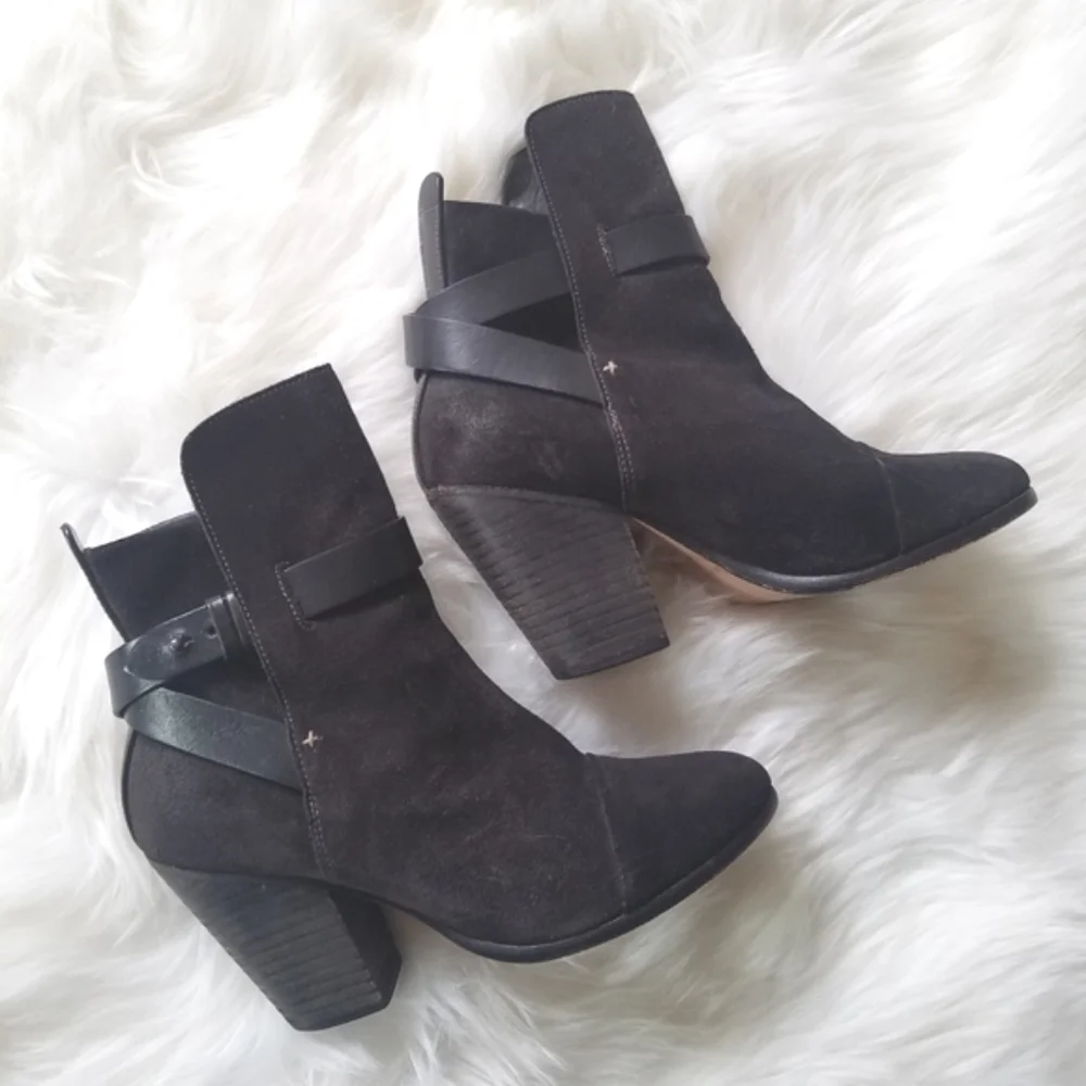 Rag & Bone Harrow Black Suede Leather Ankle Boots Chunky Stacked Heel sz38